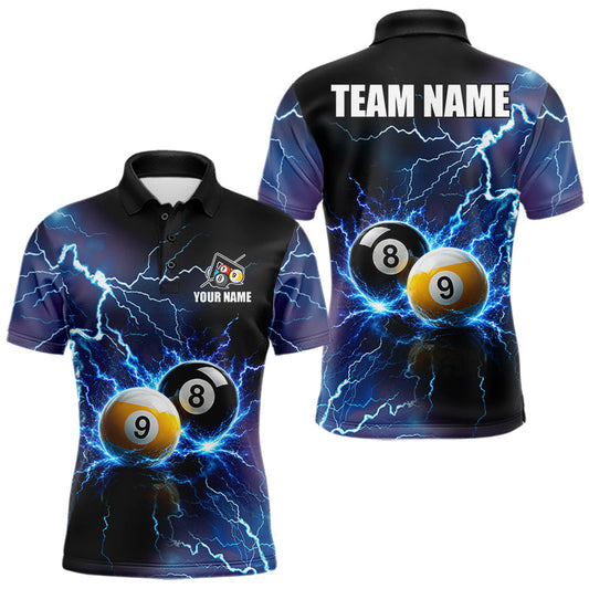Maxcorners Personalized Blue Thunder Lightning 8 Ball 9 Ball Pool Shirt For Men, Billiard League Team Jersey