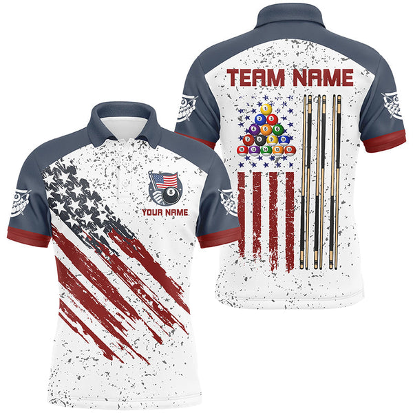 Maxcorners Billiard White Grunge American Flag Customized Name, Team Name 3D Polo Shirt