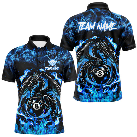 Maxcorners Black And Blue Flaming Dragon 8 Ball Billiard Pool Shirts For Men Custom Billiard Team Jersey