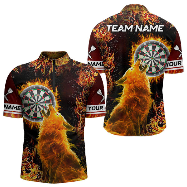 Maxcorners Orange Flame Dartboard Wolf Dart Shirts For Men Custom Dart Jersey Polo & 1/4 Zip, Dart Team Shirts