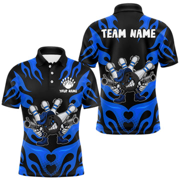 Maxcorners Personalized Blue Funny Flame Bowling Shirt For Men, Fire Bowling Team Jersey Polo & 1/4 Zip LM1903