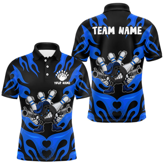 Maxcorners Personalized Blue Funny Flame Bowling Shirt For Men, Fire Bowling Team Jersey Polo & 1/4 Zip LM1903