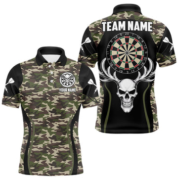 Maxcorners Personalized Green Camo Skull Darts Shirt For Men Custom Darts League Jersey Team Polo & 1/4 Zip LM2704