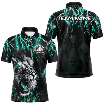 Maxcorners Black And Turquoise Thunder Lightning Lion Bowling Shirts For Men Custom Bowling Team Jersey LM2306