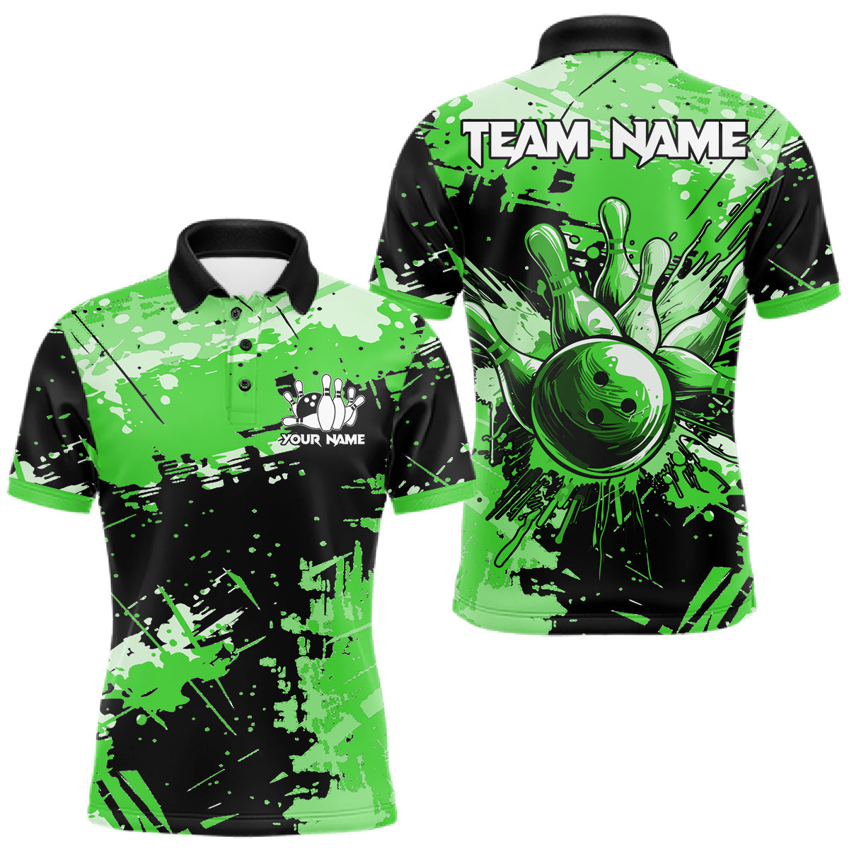 Maxcorners Green Grunge Paint Splatter Bowling Shirts For Men Custom Bowling League Team Jersey Polo & 1/4 Zip