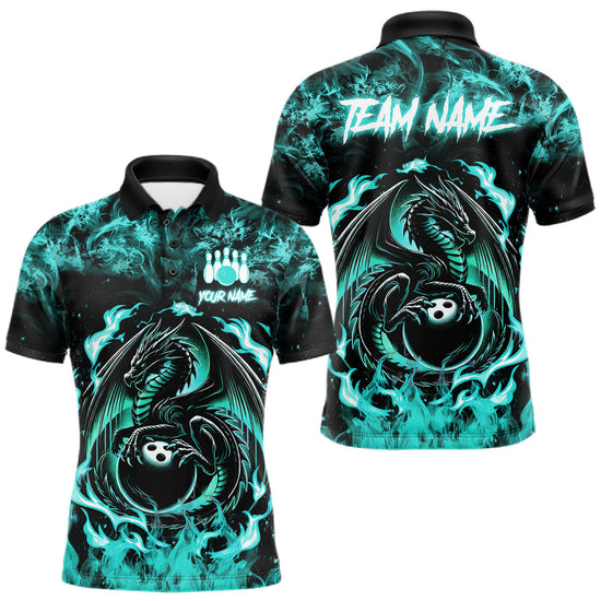 Maxcorners Black And Teal Flaming Dragon Bowling Jersey For Men Custom Bowling League Team Shirts