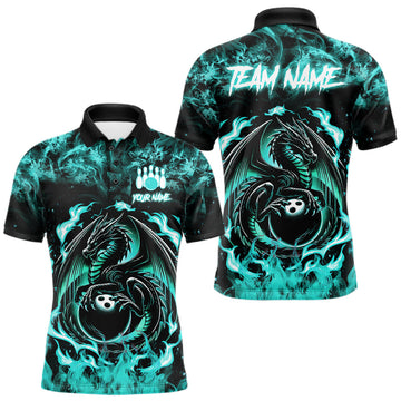 Maxcorners Black And Teal Flaming Dragon Bowling Jersey For Men Custom Bowling League Team Shirts