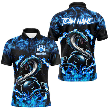 Maxcorners Black And Blue Flaming Cobra Snake Bowling Jersey For Men Custom Bowling League Team Shirts