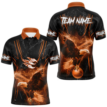 Maxcorners Personalized Black And Orange Flame Eagle Bowling Shirt For Men Custom Bowling League Team Jersey
