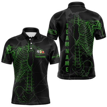 Maxcorners Black And Green Funny Skeleton Billiard Polo & 1/4 Zip For Men Custom Billiard Pool Team Jersey