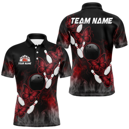 Maxcorners Black And Red Custom Butterfly Bowling Shirt For Men, Bowling Team Jersey Polo & Quarter Zip Shirt