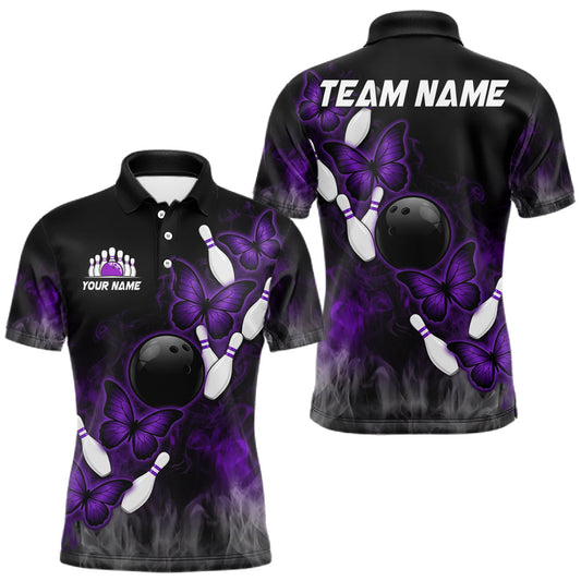 Maxcorners Black And Purple Custom Butterfly Bowling Shirt For Men, Bowling Team Jersey Polo & 1/4 Zip Shirt