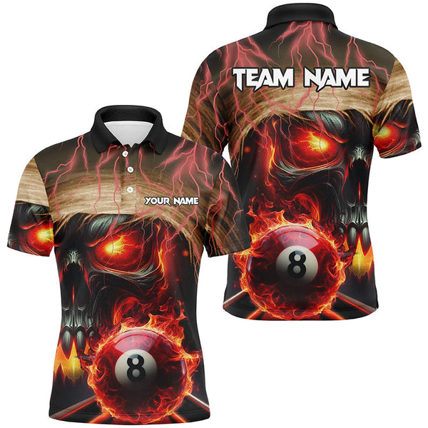 Maxcorners Billiard Skull Burning 8 Ball Pool Fire Customized Name, Team Name 3D Polo Shirt