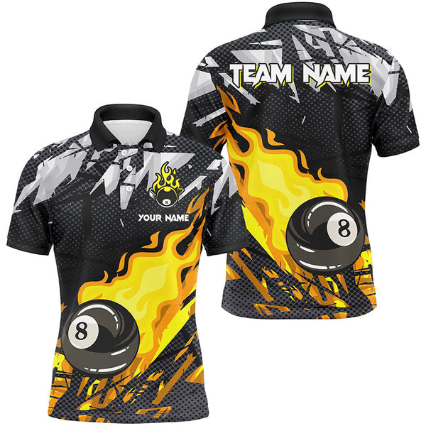 Maxcorners Billiard Yellow 8 Ball Fire Flame Grunge Pattern  Customized Name, Team Name 3D Polo Shirt