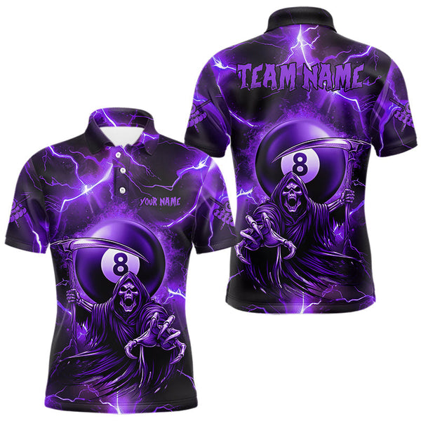 Maxcorners Purple Grim Reaper 8 Ball Men's Billiard Shirt Custom Thunder Lightning Halloween Pool Team Jersey TU2309