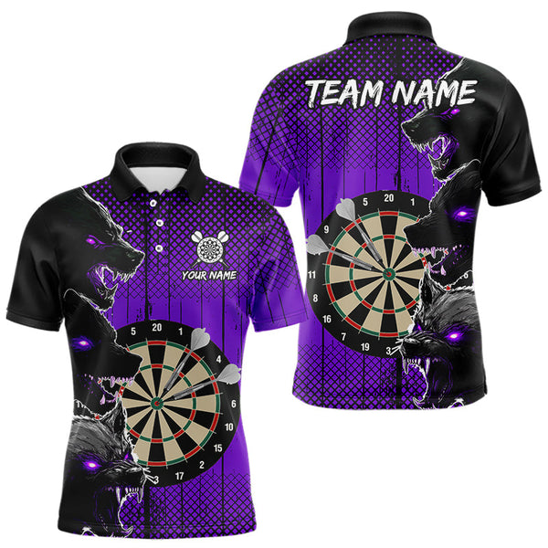 Maxcorners Personalized Purple Grunge Wolf Darts Shirt For Men Custom Funny Darts Jersey Team Polo & 1/4 Zip MT2108