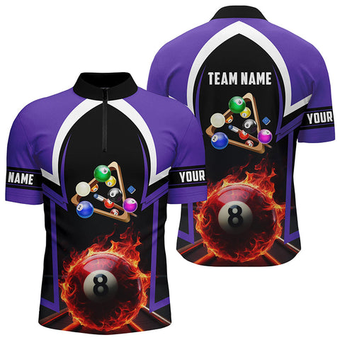 Maxcorners 8 Ball Pool Fire 3D Personalized Purple Billiard Jerseys Quarter-Zip Shirts For Men LM123