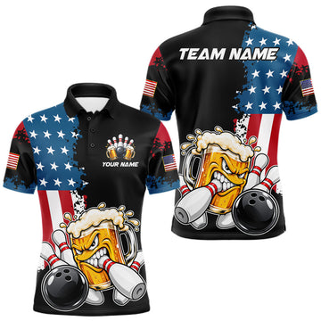 Maxcorners Custom Grunge American Flag Beer Bowling Shirts For Men Funny Bowling Team Jersey Polo, 1/4 Zip