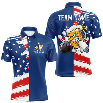 Maxcorners Blue American Flag Funny Beer Bowling Shirts For Men Custom Patriotic Bowling Team Jersey
