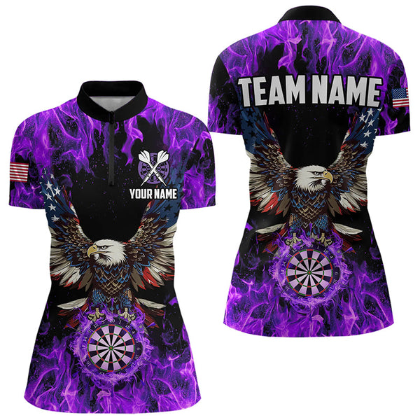 Maxcorners Purple Flame American Flag Eagle Custom 3D Dart Shirts For Women, Patriotic Darts League Team Jersey