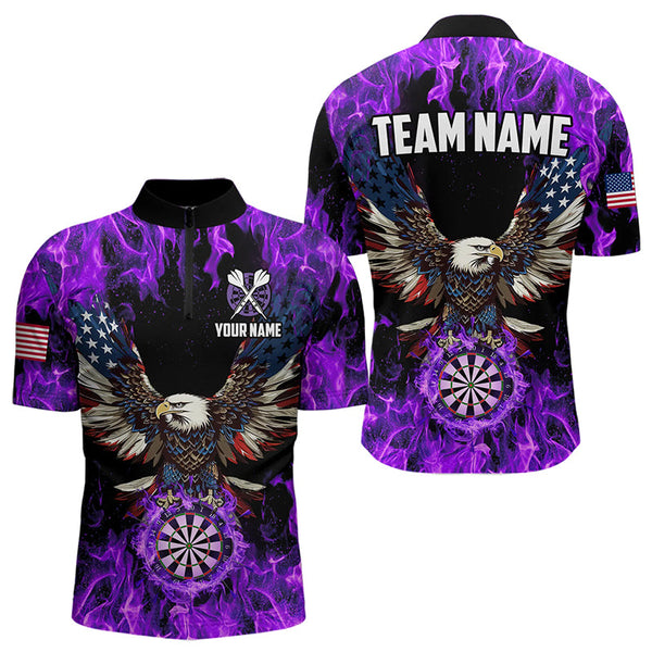 Maxcorners Purple Flame American Flag Eagle Custom 3D Dart Shirts For Men, Patriotic Darts League Team Jersey