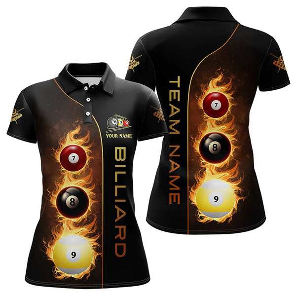 Maxcorners Personalized 7 Ball 8 Ball & 9 Ball Fire Flame Billiard Shirt For Women, Unique Billiard Team Jersey