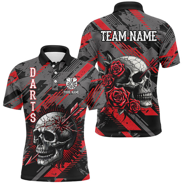 Maxcorners Darts Red Skull And Roses Customized Name, Team Name 3D Polo Shirt