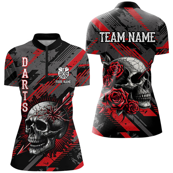 Maxcorners Personalized 3D All Over Print Skull And Roses Custom Darts Shirts For Men Darts Jerseys |Red