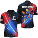 Maxcorners Glowing Red & Blue Custom Billiard Polo, 1/4 Zip Shirt, Billiard Balls Team League Jerseys