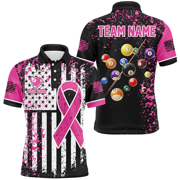 Maxcorners Pink Ribbon Black Grunge American Flag Custom Billiard Shirt For Men, Breast Cancer Billiard Jersey LM1809