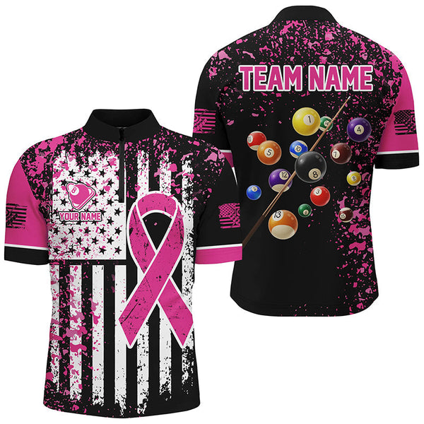 Maxcorners Pink Ribbon Black Grunge American Flag Billiard Jersey Customized Name, Team Name 3D Shirt