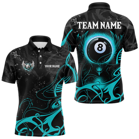 Maxcorners Personalized Black & Turquoise 8 Ball Wings Billiard Shirt For Men Custom Tribal Pool Team Jersey  LM2608