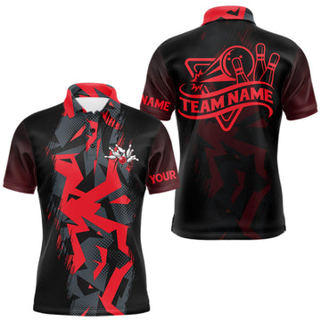 Maxcorners Personalized Black And Red Bowling Jersey Polo & 1/4 Zip For Men Custom Bowling League Team Shirt