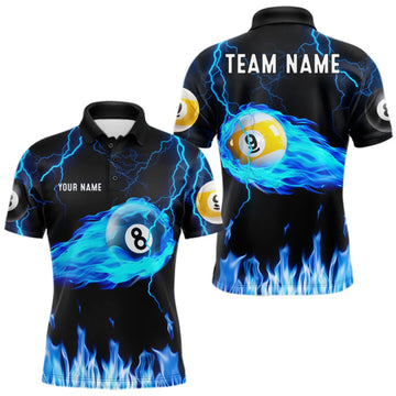 Maxcorners Blue Lightning Flame 8 Ball & 9 Ball Billiard Shirts For Men Custom Pool Team Jersey Polo 1/4 Zip LM2709