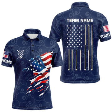 Maxcorners Personalized Navy Blue American Flag Billiard Shirts For Men Patriotic 8 Ball Pool Team Jersey LM2709