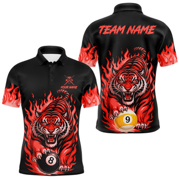Maxcorners Black and Red Flaming Tiger Billiard Shirts for Men Custom 8 Ball & 9 Ball Pool Team Jersey
