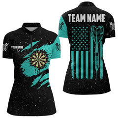 Maxcorners Customized Turquoise Grunge American Flag Women Dart Shirts Custom Patriotic Team Dart Jerseys