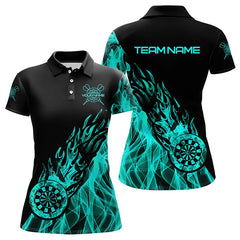 Maxcorners Black And Turquoise Fire Flame Darts Polo & Quarter Zip Custom Dart Shirt For Women Dart Jerseys