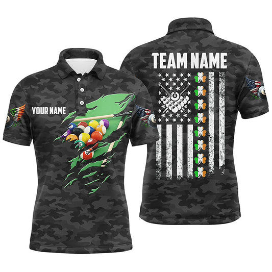 Maxcorners Billiard St Patrick Day Vintage American Flag Men Polo Shirts, Patriotic Billiard Team Jerseys
