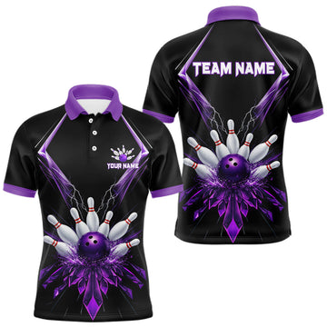 Maxcorners Custom Purple Bowling Jersey For Men, Crystal Lightning Bowling League Shirt Team Polo & 1/4 Zip LM2704