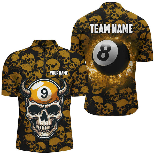 Maxcorners Personalized Billiard Jersey 8 & 9 Ball Custom Yellow Skull Pattern Billiard Shirts