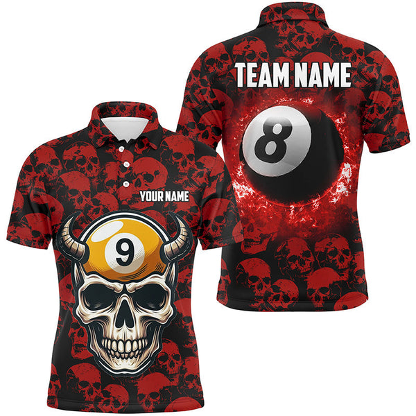 Maxcorners Personalized Billiard Jersey 8 & 9 Ball Custom Red Skull Pattern Billiard Shirts