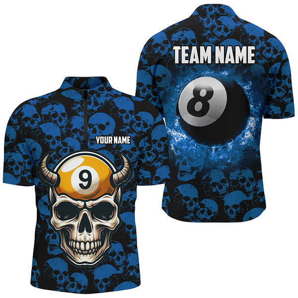 Maxcorners Personalized Billiard Jersey 8 & 9 Ball Custom Blue Skull Pattern Billiard Shirts