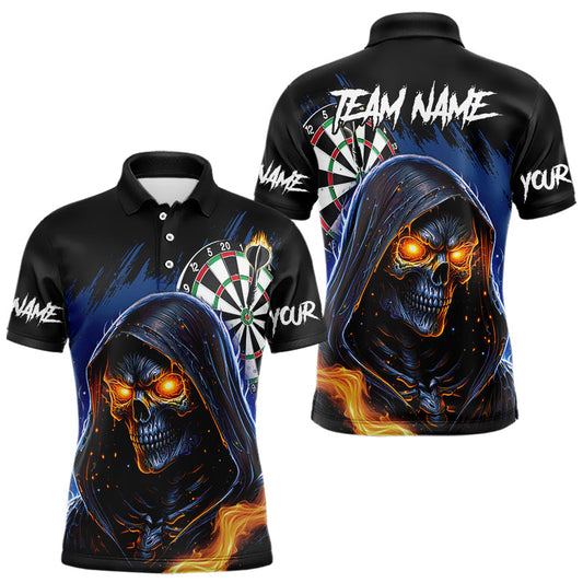 Maxcorners Personalized Blue Death Skeleton Fire Dart Shirts For Men Custom Skull Dart Jersey Polo & 1/4 Zip LM2509
