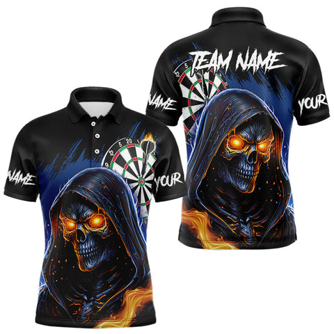 Maxcorners Personalized Blue Death Skeleton Fire Dart Shirts For Men Custom Skull Dart Jersey Polo & 1/4 Zip LM2509