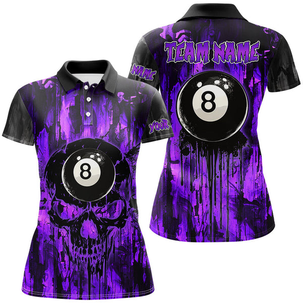 Maxcorners Personalized Black And Purple 8 Ball Melting Women Billiard Shirts, Grunge Skull Billiard Jerseys