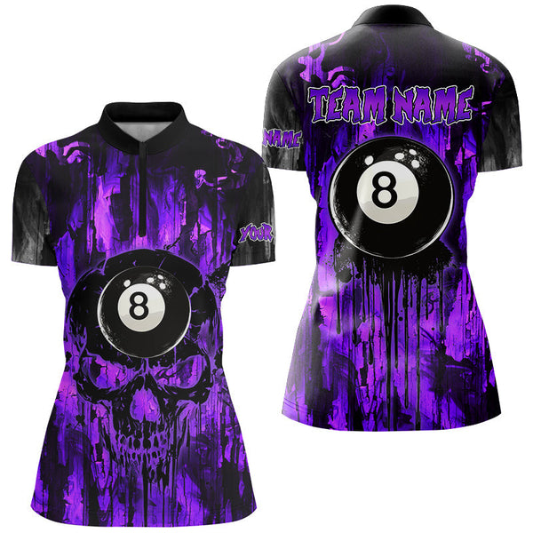 Maxcorners Personalized Black And Purple 8 Ball Melting Women Billiard Shirts, Grunge Skull Billiard Jerseys