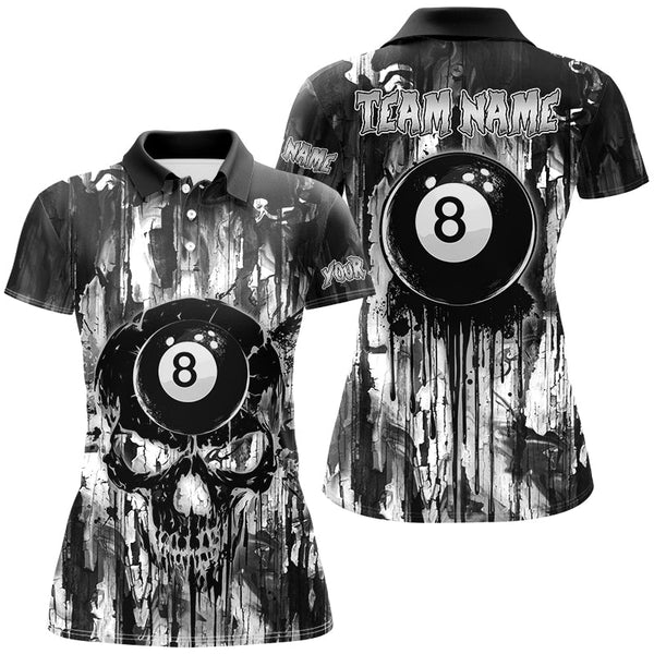 Maxcorners Personalized Black White 8 Ball Pool Melting Women Billiard Shirts, Grunge Skull Billiard Jerseys