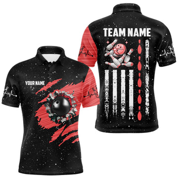 Maxcorners Custom Red Grunge US Flag Bowling Shirts For Men, Patriotic Bowling Team Jersey Polo & 1/4 Zip