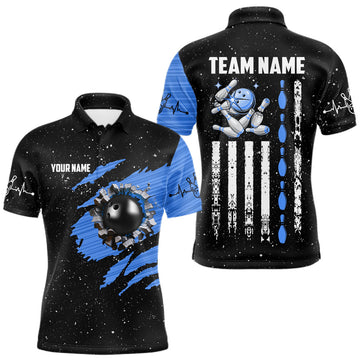 Maxcorners Custom Blue Grunge US Flag Bowling Shirts For Men, Patriotic Bowling Team Jersey Polo & 1/4 Zip